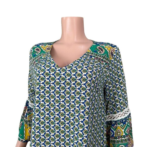 Umgee Womens Boho Tunic Dress SZ M Paisley Multicolor 3/4 Bell Sleeves V-Neck - Picture 11 of 16